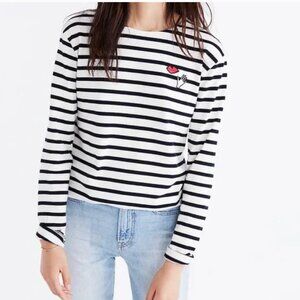 Madewell x Armor Lux Black and White Striped Long Sleeve Tee with Heart Detail